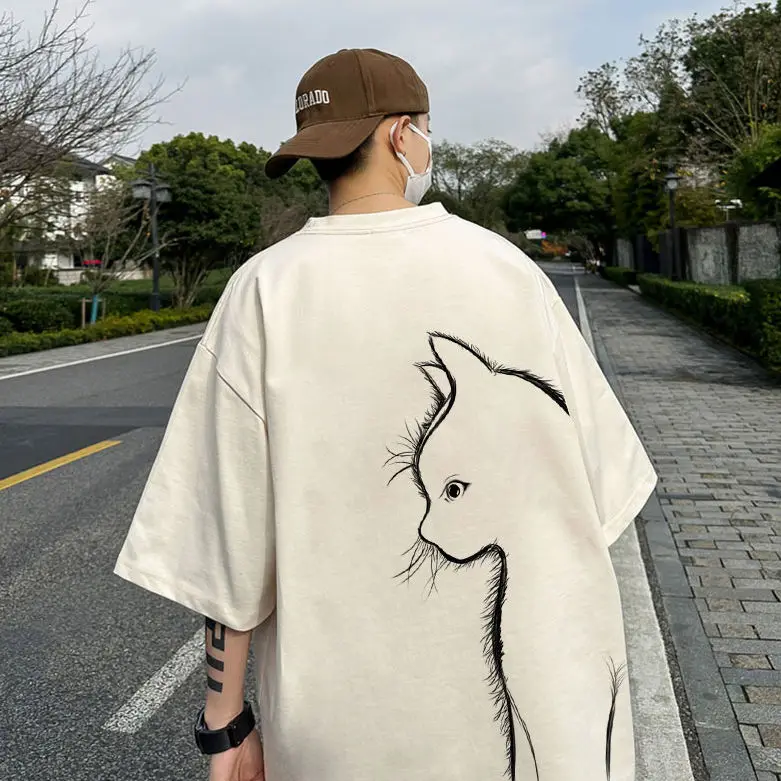 

Summer New T-shirt Men Top Quality 100% Cotton Cool Cat Print Tees Casual Loose Men T Shirt Oversized Harajuku Y2k Tops
