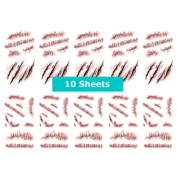 Halloween Terror Wound Temporary Tattoo Stickers - Realistic Waterproof Blood Injury and Scar Design for Face and Hands (Pack of 10 Sheets) (10 Sheets)