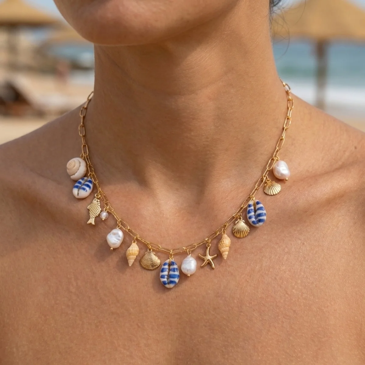 Sommerurlaub Muschel Seestern Conch Fisch Schildkröte Korallen Anhänger Halskette für Damen Herren Imitationsperlen Choker Ozean Strand Schmuck