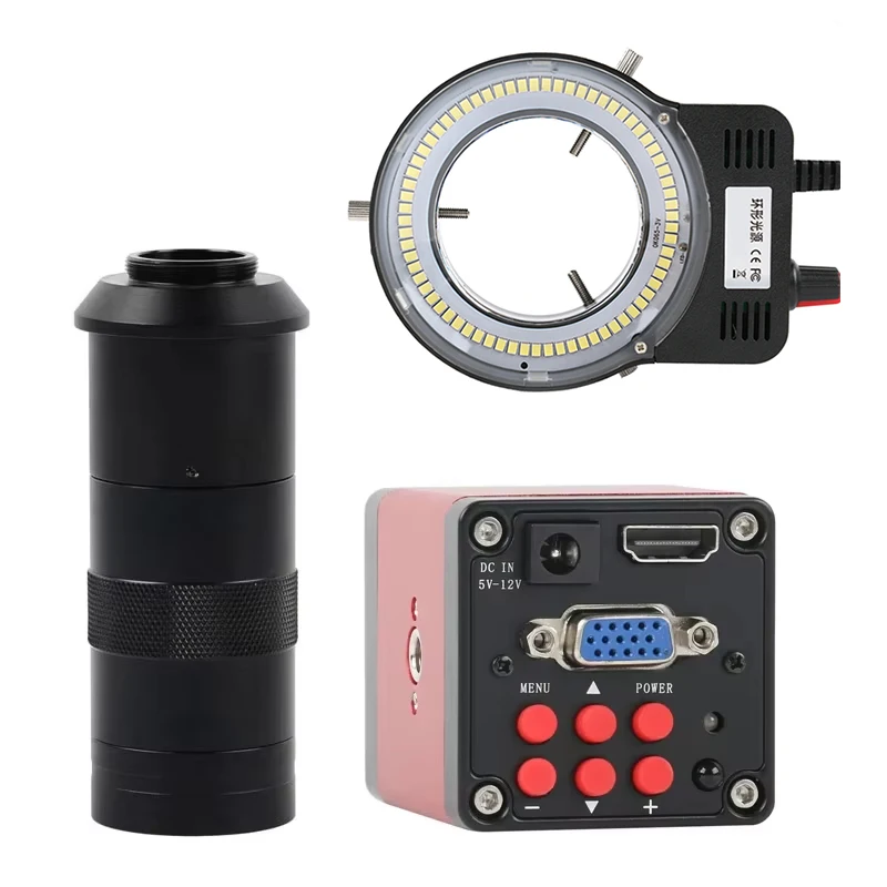 14MP 1080P 산업 비디오 HDMI VGA 현미경 카메라 100X C 마운트 렌즈 48 LED SMD USB 조정 가능한 링 라이트 일루미네이터 램프