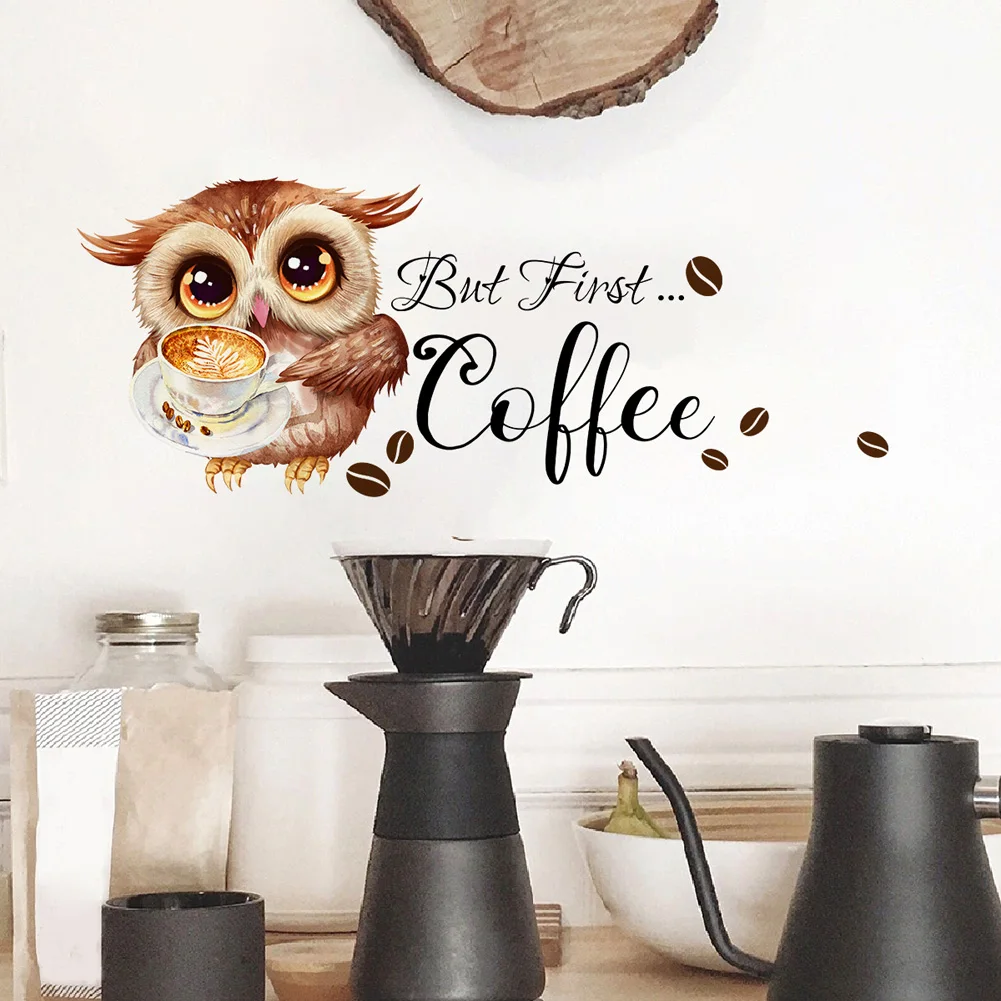 Cartoon Owl Coffee Cup Wall Stickers For Kitchen Restaurant Decoration Mural Cafe Pattern Room Home Decor Self-adhesive Wallpaper