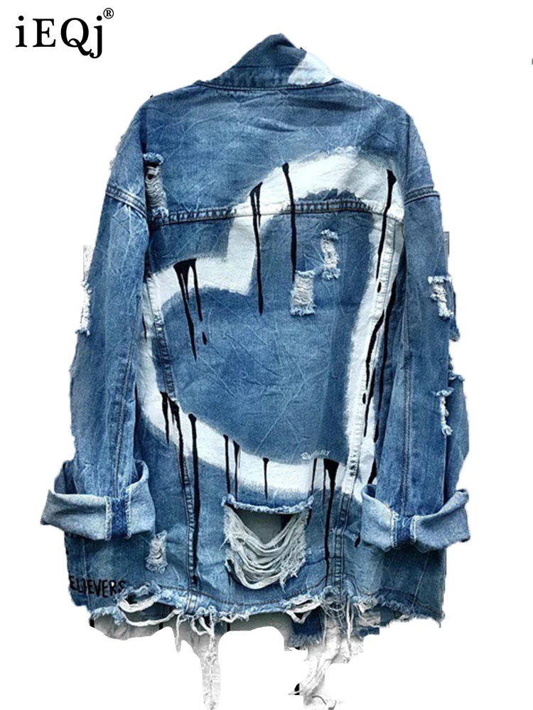 IEQJ 2022 Autumn New Lapel Long Sleeve Hole Patchwork Denim Jacket