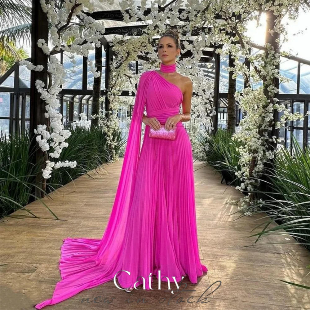 Cathy Fuchsia One Cape Sleeve Vestidos De Noche Pleated Fabric Prom Dress 2023 Sexy Chiffion A-line فساتين السهرة