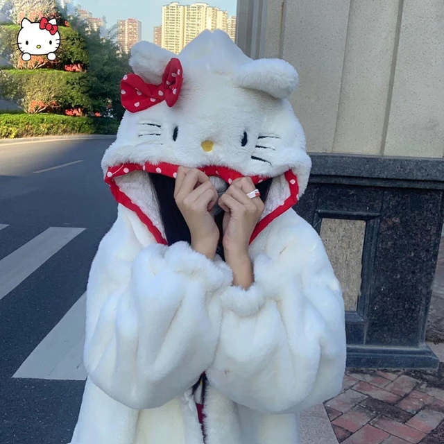 Sanrio Hello Kitty Hoodie Y2k Coat Women Japanese Cute Cat Jacket Sweet  Girl Plush Loose Thickened Cardigan Top Cusual Aesthetic