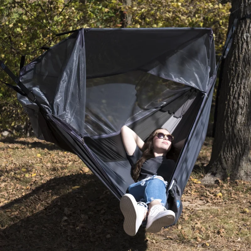 Nylon Mosquito Hammock with Attached Bug Net, 1 Person Dark Gray and Black, Open Size 115" L x 59" W 4