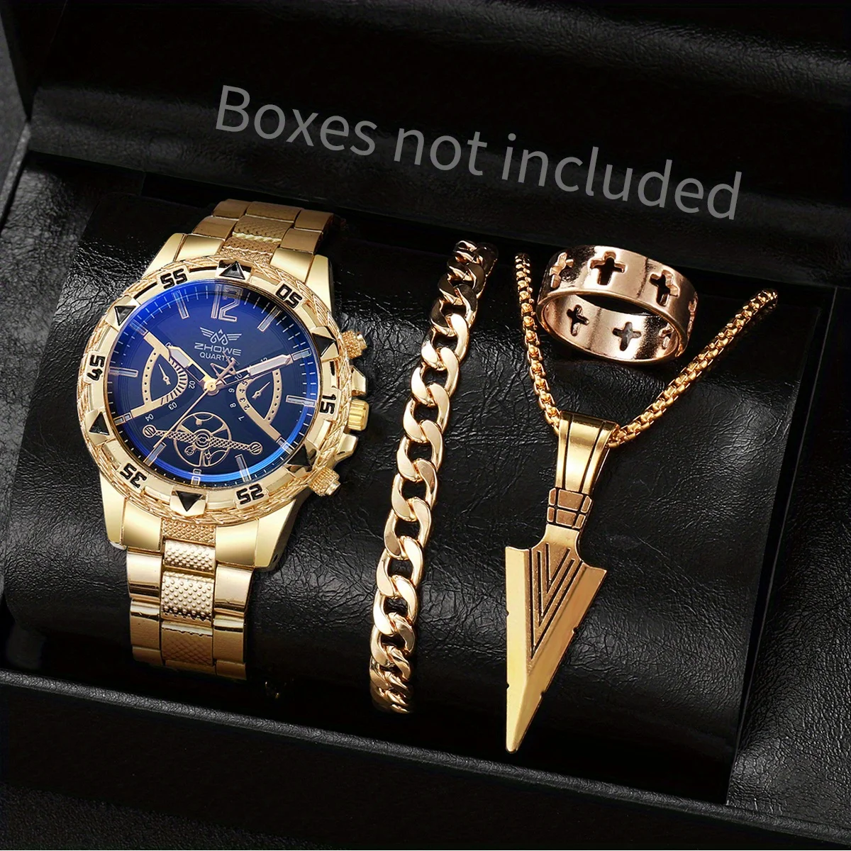 4pcs Fashion Mens Watch Casual Gold Strap