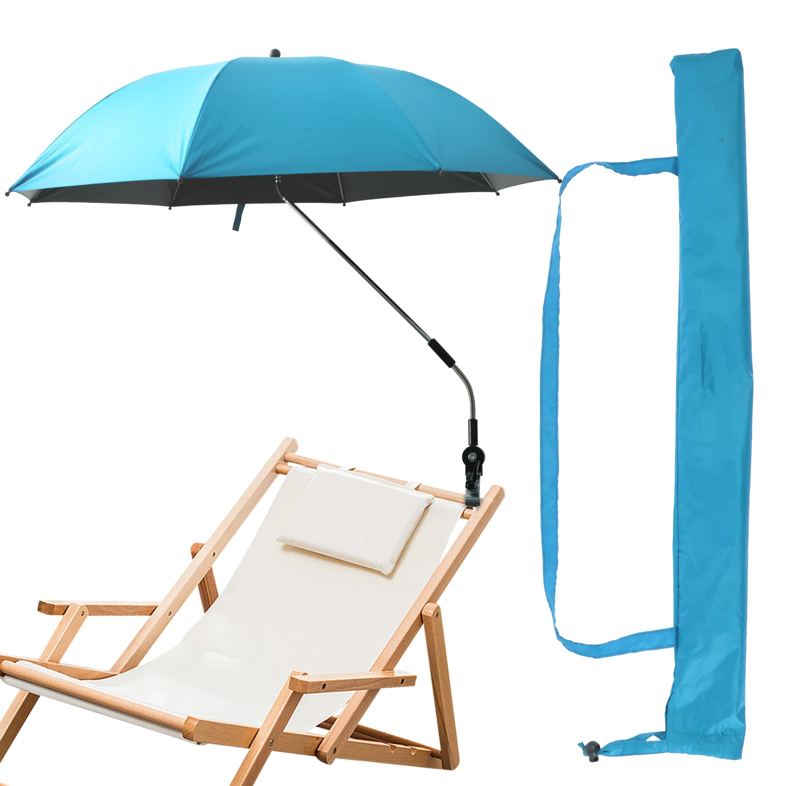 Beach Umbrella with Universal Clamp 360° Adjustable Shade Umbrella 42In Outdoor Umbrella for Beach Camping Chair Wheelchair