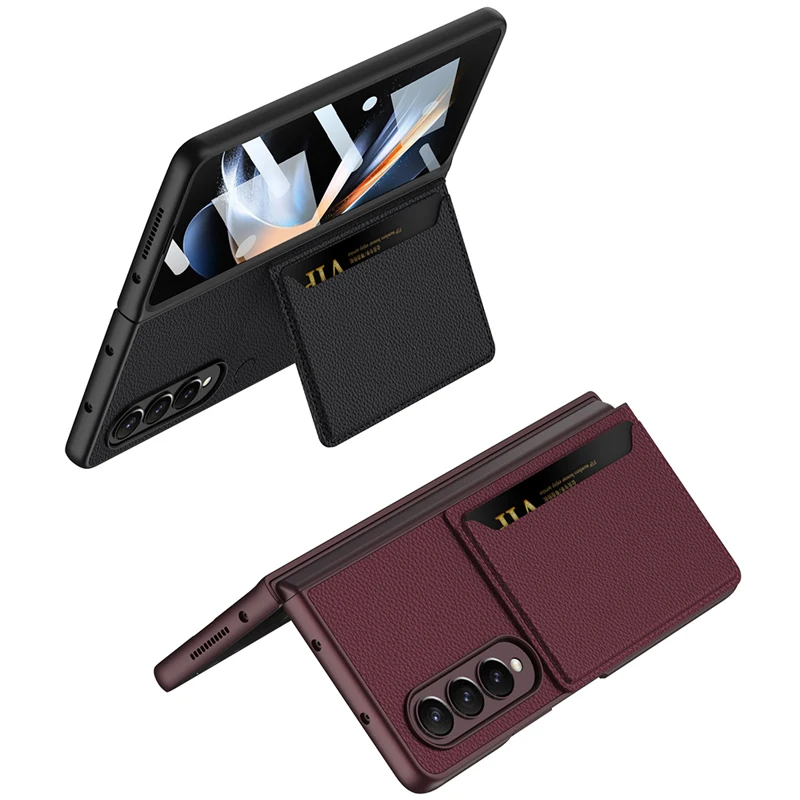 For Samsung Galaxy Z Fold 4 Case GKK Plain Leather + TPU Bracket Folding Cover With Card Slot Tempered Glass For Galaxy Z Fold4