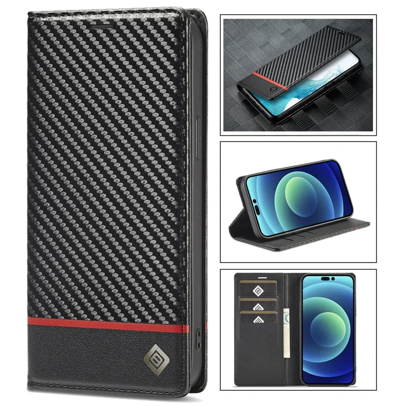 Phone Case Leather Phone Case Leather Wallet Case Leather Case Carbon Fiber Case Carbon Fiber Wallet Flip Phone Case For Xiaomi Poco M6 Pro 4G C65 X6 X3 NFC X5 PocoX6 Pro 5G Cover Leather Protective Card Bag