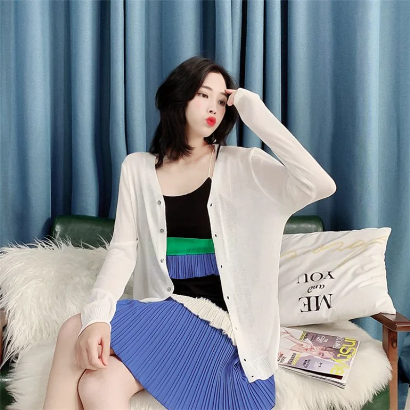 Spring Summer 2023 Lazy Wind Ice Silk Sun Protection Sweater Coat Women New Casual Light Cardigan V-neck Shawl Solid Color Shirt new fashion trend winter thousand bird checker women s scarf commuter cold protection neck protection imitation cashmere shawl