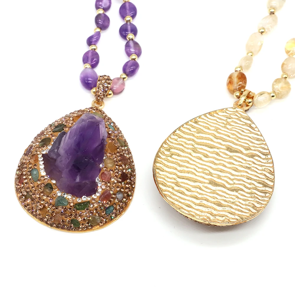 Natural Tear Water Drop Stone Pendant Necklace Crystal Healing Pear Shell Amethyst Citrine Luxury Banquet Fine Jewelry For Women