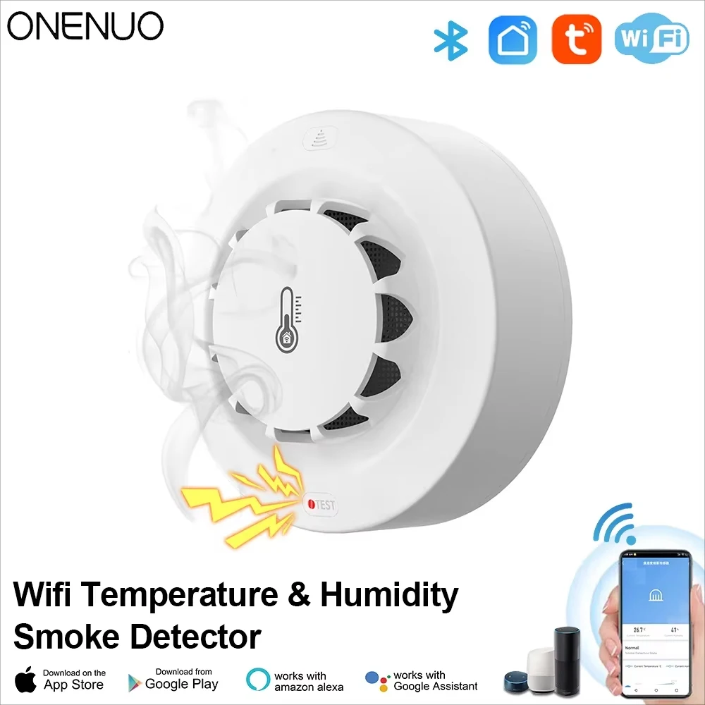 Smoke Alarm ONENUO WiFi Fire Smoke with Temperature Humidity Detection 80dB Sound for Alexa Google Home Tuya Smart Life