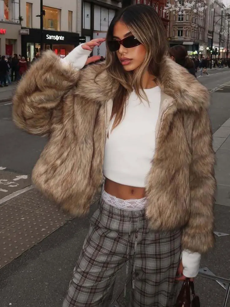 HH 2025 Women Winter Warm Faux Fur Coats Lapel Long Sleeve Zipper Jacket Female Fashion High Street Short Coat Outerwear