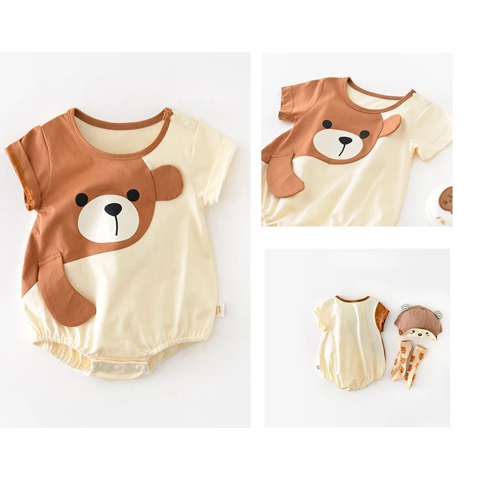 

Newborn Onesie Baby 3-24 Months Casual One-Piece Infant Bear Romper Boys Girls Short Sleeve Sleeper Birthday Brown Beige Pajamas