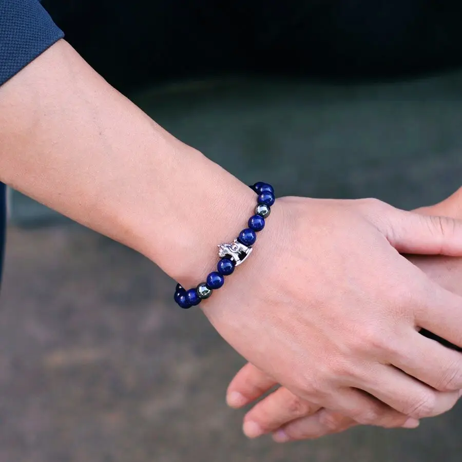 Lapis Lazuli Tiger Eyes Stone Beaded Stainless Steel Bracelet