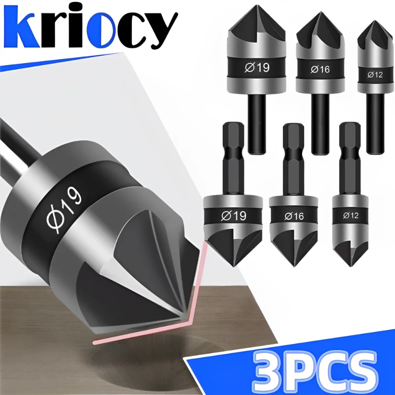 3PCS Countersink Drill Bit Hss Hex Chamfer Five Pears Hexagonal 90 Degrees Boring Drill Shank Carbon Steel Woodworking Tools Set