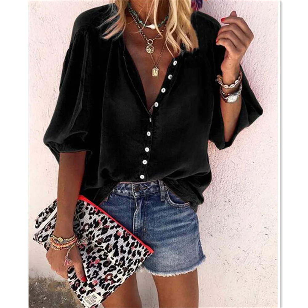 

Summer 2022 New Fashion Shirt Blouse Women Solid Color V Neck Button Casual Tops Tees Ladies Lantern Short Sleeve Loose Shirt