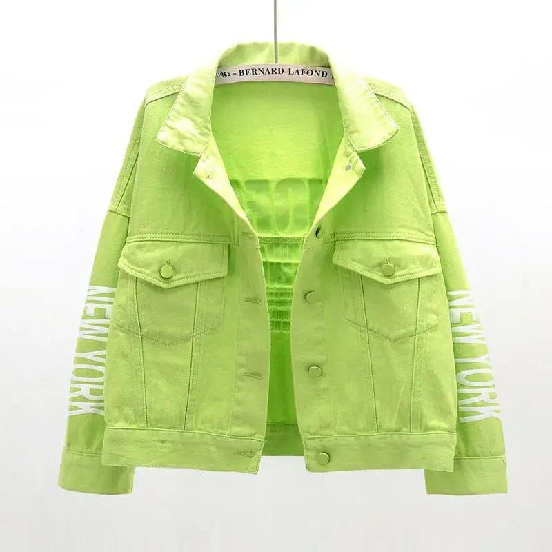 New 2024 short denim jacket women Spring autumn cotton student jeans jacket letter print loose casual top colored bright jacket