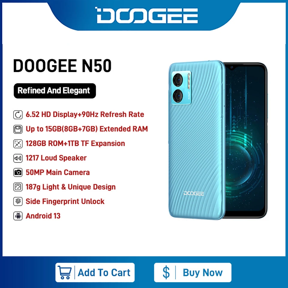 Smartphone DOOGEE N50 - 8Go Ram 128Go - 4G - 6.52 écran HD - Batterie  4200mAh - Android 13.0 - Bleu - Cdiscount Téléphonie