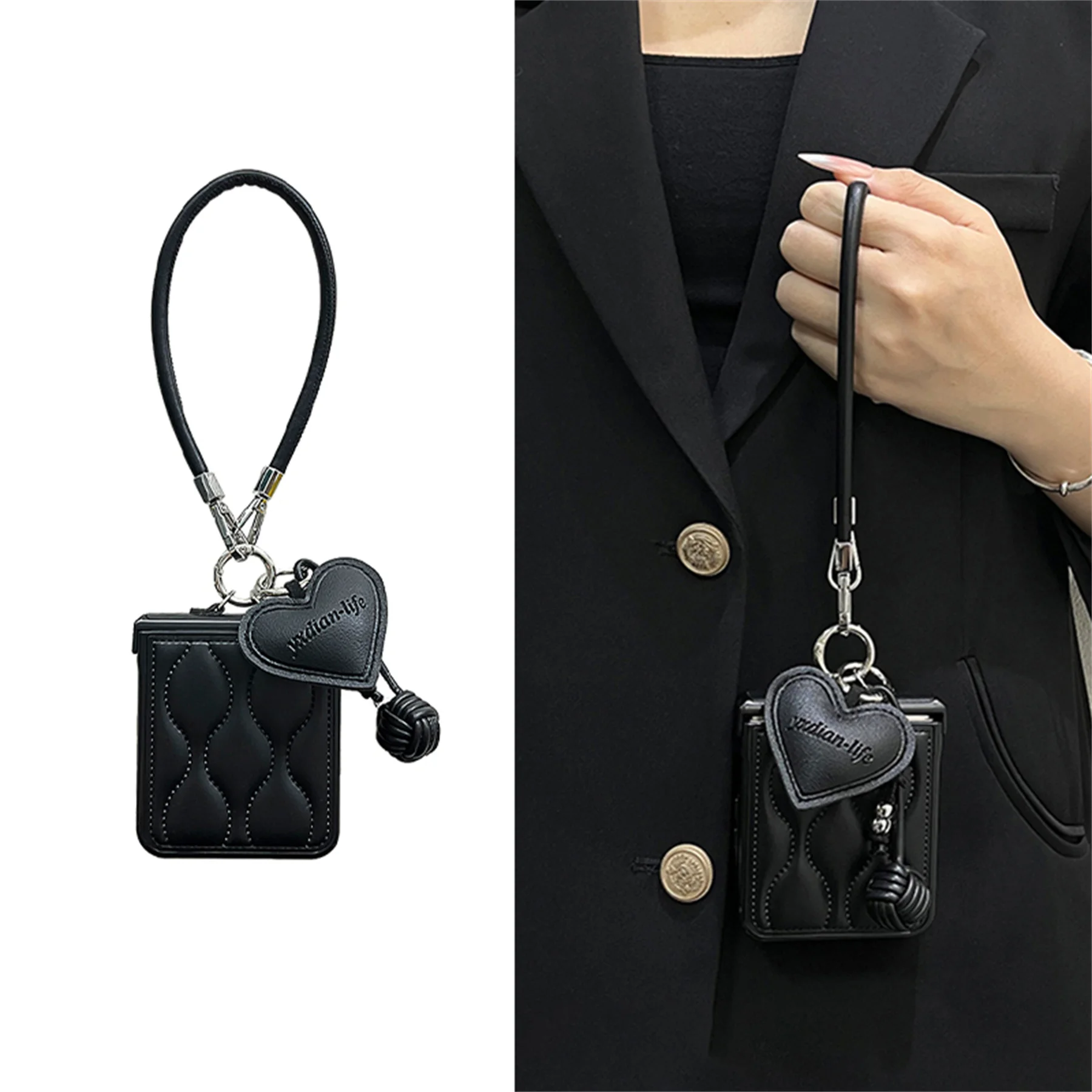 Luxury Wave Black Phone Case with Love Pendant Leather Strap