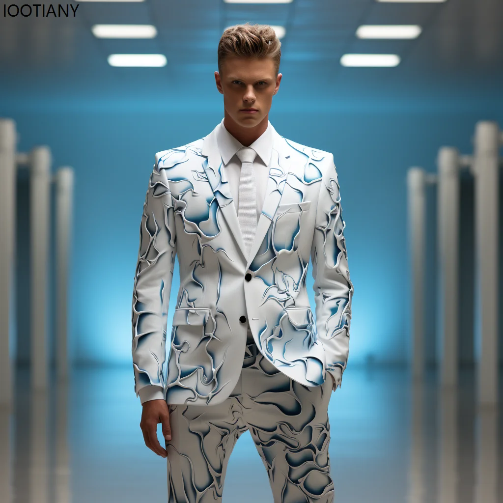 Men Creative Irregular Pattern Suits Business Casual Printing Two-button Jacket & Pant Holiday Party Cool Performance Suit New