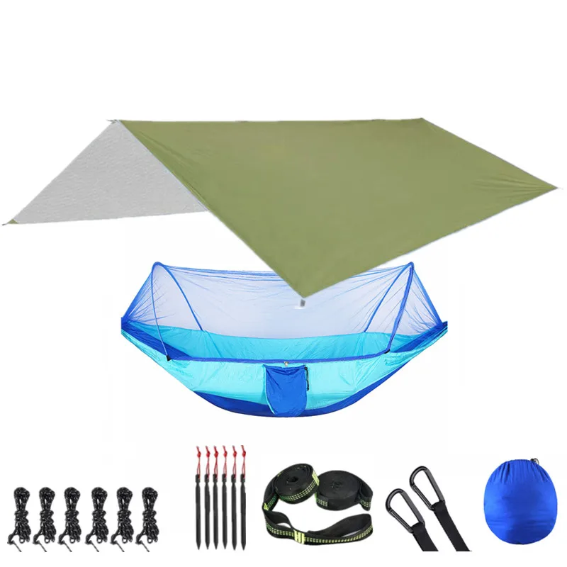 Portable Parachute Outdoor Camping Hammock with Mosquito Net and 118x118in Rain Fly Tarp,10-ring Tree Strap Hammocks Swing 