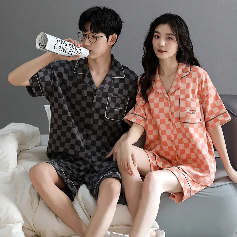 Korean Cardigan Pajama suit Cotton Pajamas Sets Couple Sleepwear Family Pijama Lover Night Suit Men & Women Casual Home Clothing cotton women pajamas sets short sleeved sleepwear suits girl fashion casual pyjamas outerwear sleepwear night suit