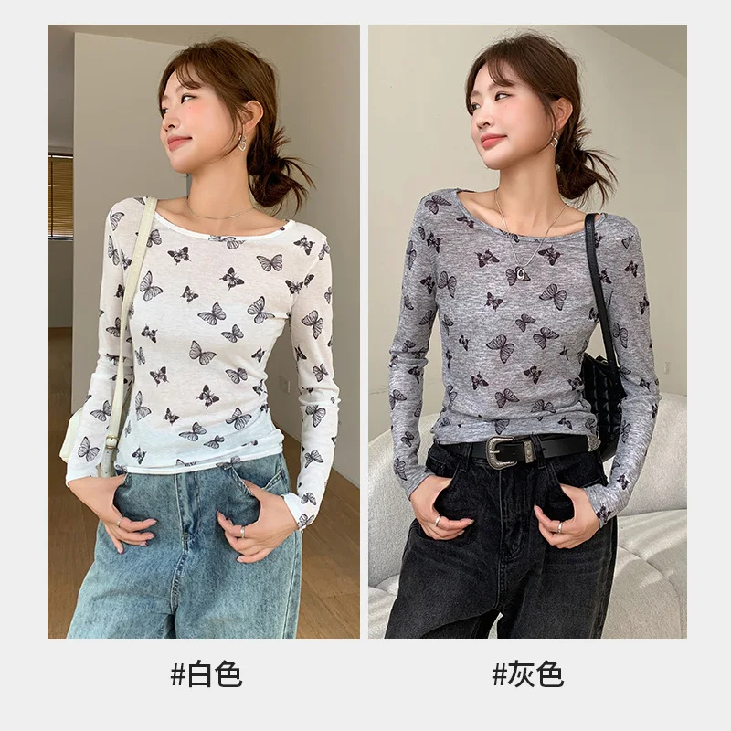 Women Butterfly Print Long Sleeve Slim Tshirts