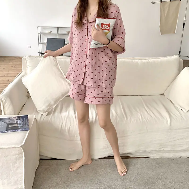 여성용 코튼 잠옷, 하트 프린트 잠옷, 반팔, 투피스 세트, 라운지웨어, 한국 잠옷, 여름 2021