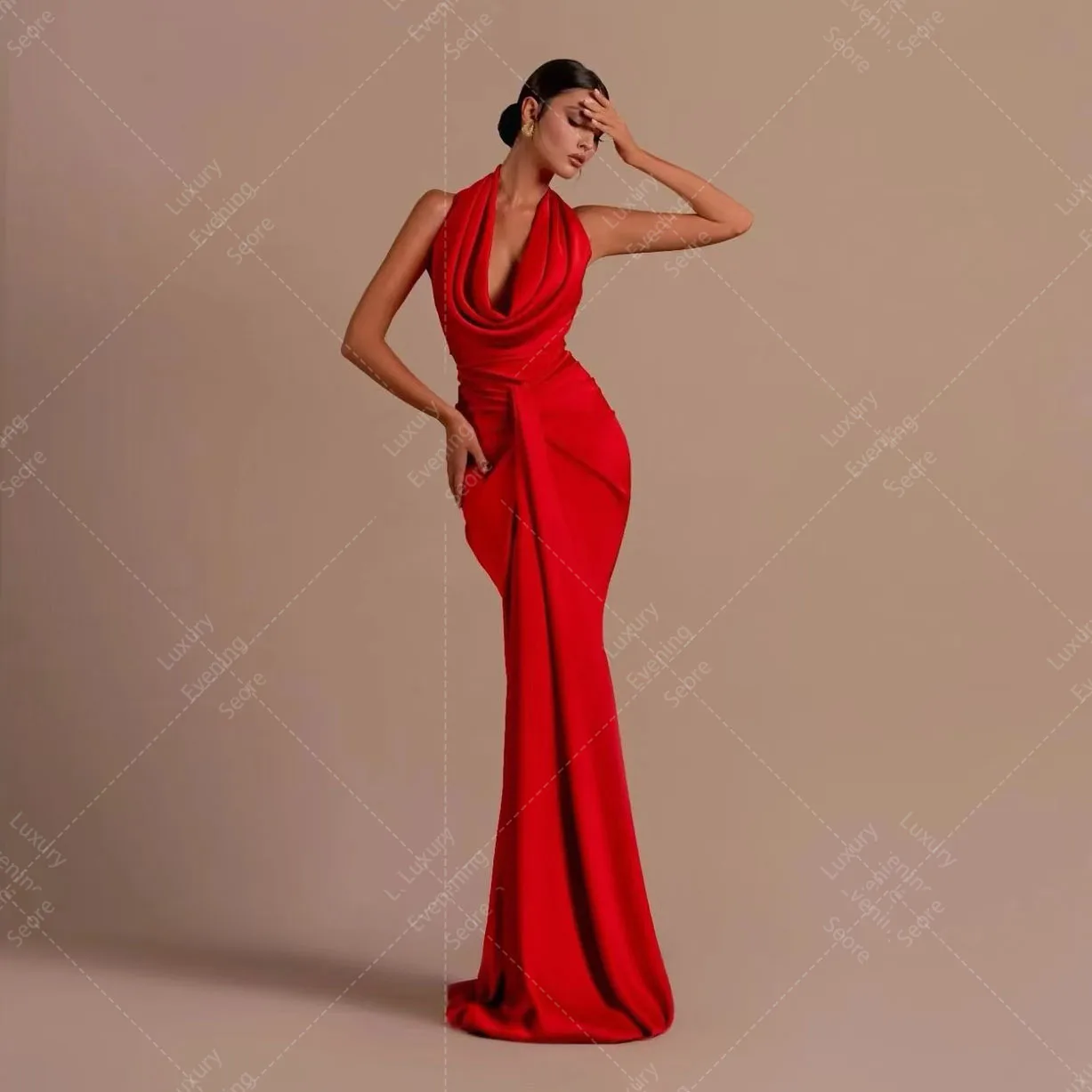 

Modern Sexy Red Evening Dresses For Woman High Neck Sleeveless Backless Pleat Satin Formal Fashion Elegant Party Prom Gowns 2024