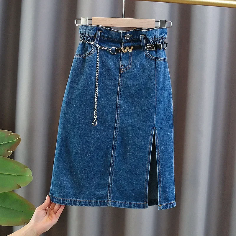 

Girls Denim Long Skirts With Belt Fashion Baby Kids Birthday Casual Jeans Skirt Children Clothes