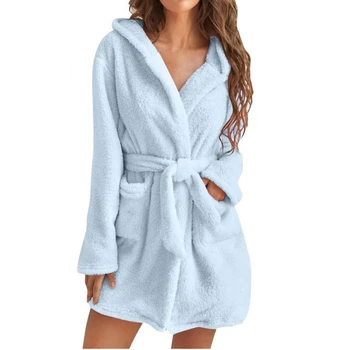 Women's Soft Hooded Pajamas Robe Warm Solid V-Neck Knee-Length Robe Simple But Elegant Fit Winter Autumn Sleepweear Loungewear