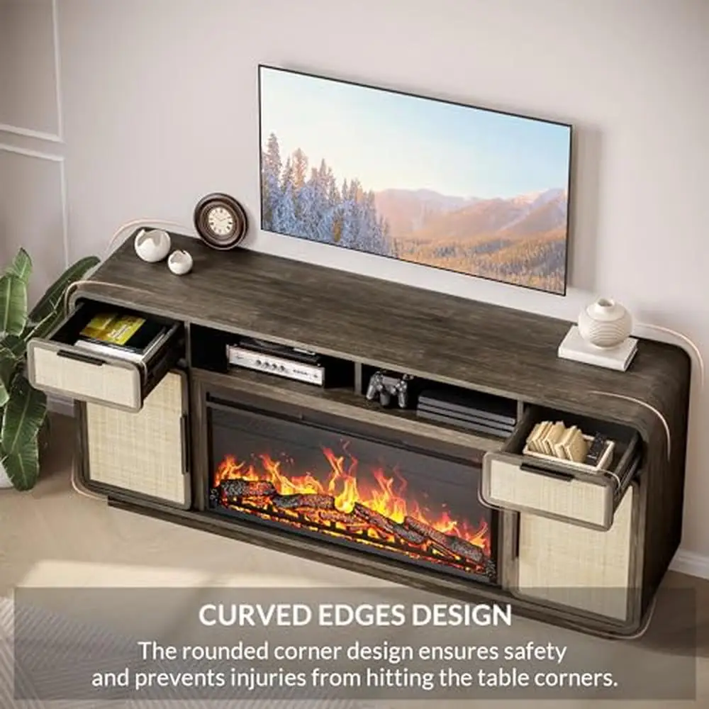 Boho 68" TV Stand Entertainment Center w/ 36" Electric Fireplace Heater Rattan Console Table Flame Effect Ample Storage Modern 3