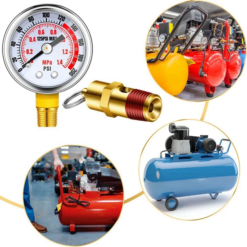 

Комплект из 4 предохранительных клапанов воздушного компрессора и воздушных манометров, 1/2 дюйма, клапан воздушного бака NPT 0-200 PSI, манометр воздуха