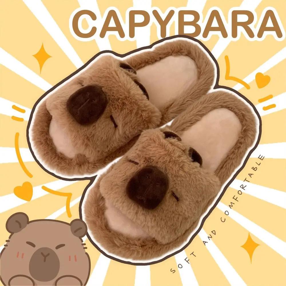 Soft Warm Capybara Slippers Cute Thick Sole Capibara Plush One-line Slippers Silent Non-Slip Winter Fluffy Kapibara Slides
