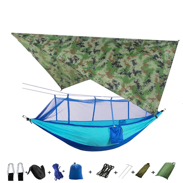 Lightweight Portable Camping Hammock and Tent Awning Rain Fly Tarp Waterproof Mosquito Net Hammock Canopy 210T Nylon Hammocks camouflage and blue