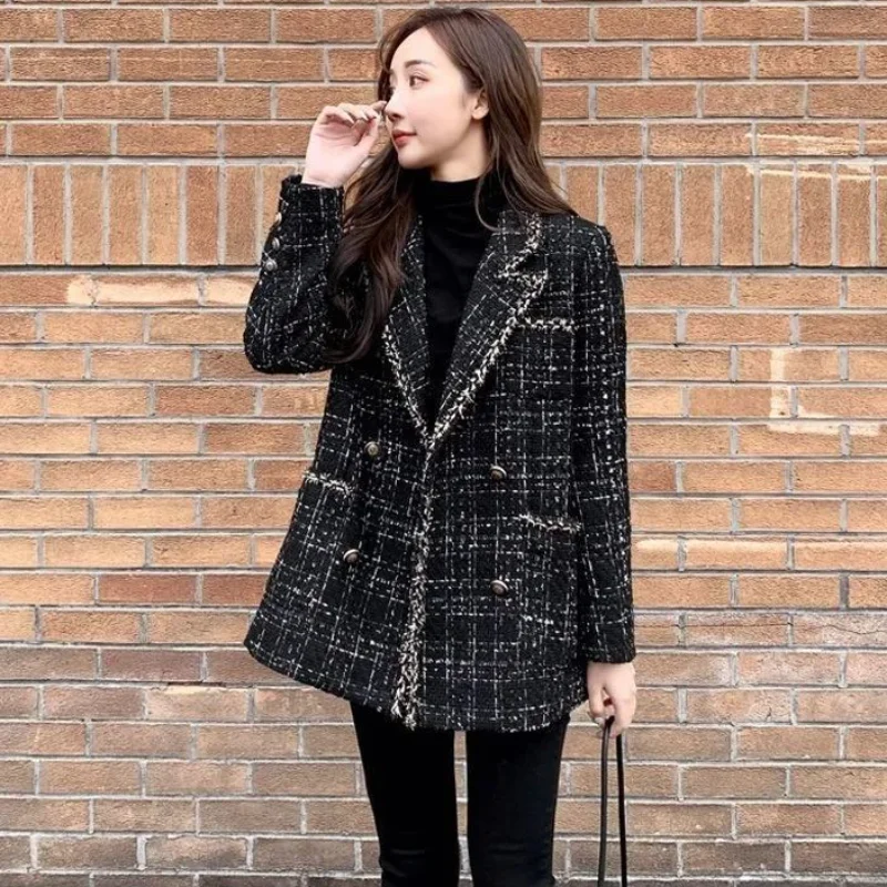 Plaid Tweed Blazer Jacket Woman Outerwear Winter Women's Coat 2025