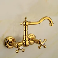 อ่างล้างหน้าทองเหลืองสีทองหรูหราในห้องครัวห้องน้ำก๊อกน้ำผสมก๊อกติดผนังแบบคู่ 6