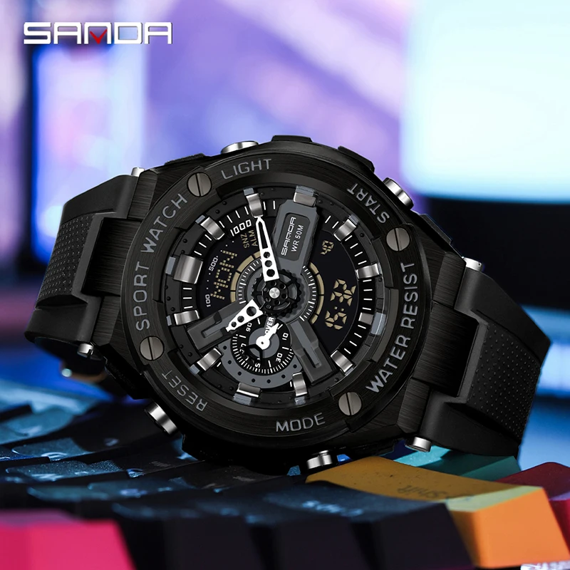 SANDA 3170 New Handlift Light Multi functional Sports Waterproof and Shockproof Alarm Clock Men's Watch Digital Wristwatches