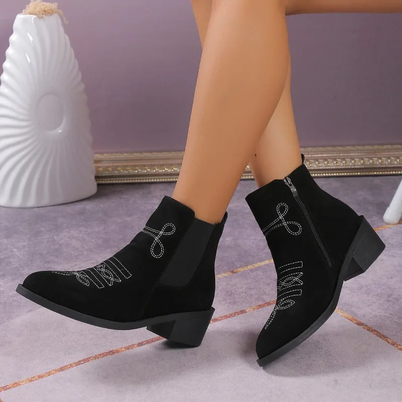 2023 Winter Med Heel Shoes for Female Side Zip Women's Ankle Boots Square Heel Women's Shoes Embroider Pointed Toe Ladies Boots
