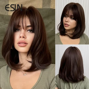 ESIN Synthetic Dark Brown Ombre to Purple Bob Wigs with Bangs for Women medium long Straight Hair Wig Cosplay Hairstyle