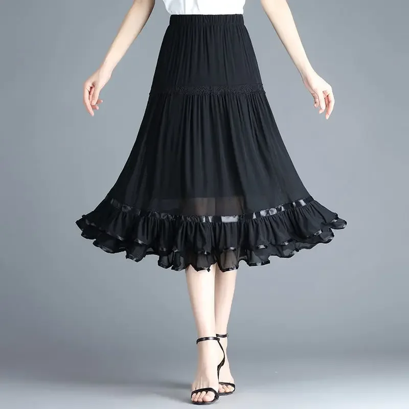 

Vintage Women Mesh Black Midi Skirt Office Lady Fashion New High Waist Koreon Spring Summer Slim Casual Pleated Skirts R70