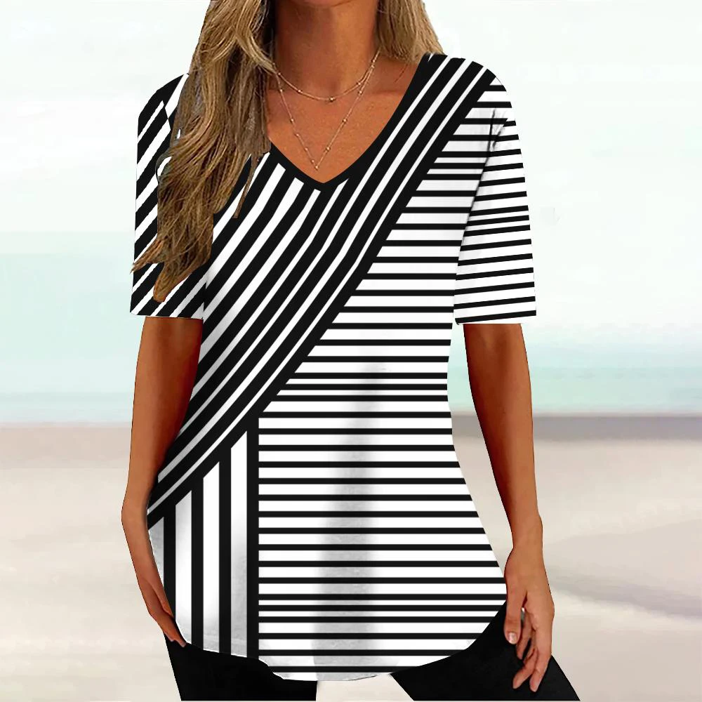 WomenTee T Shirt Stereoscopic Line 3d Graphic Print T-shirt Women Fashion V-Neck Short Sleeve Summer Striped Tops Tees Plus Size 5 S43748805f0764e4580ca4252165813f2T
