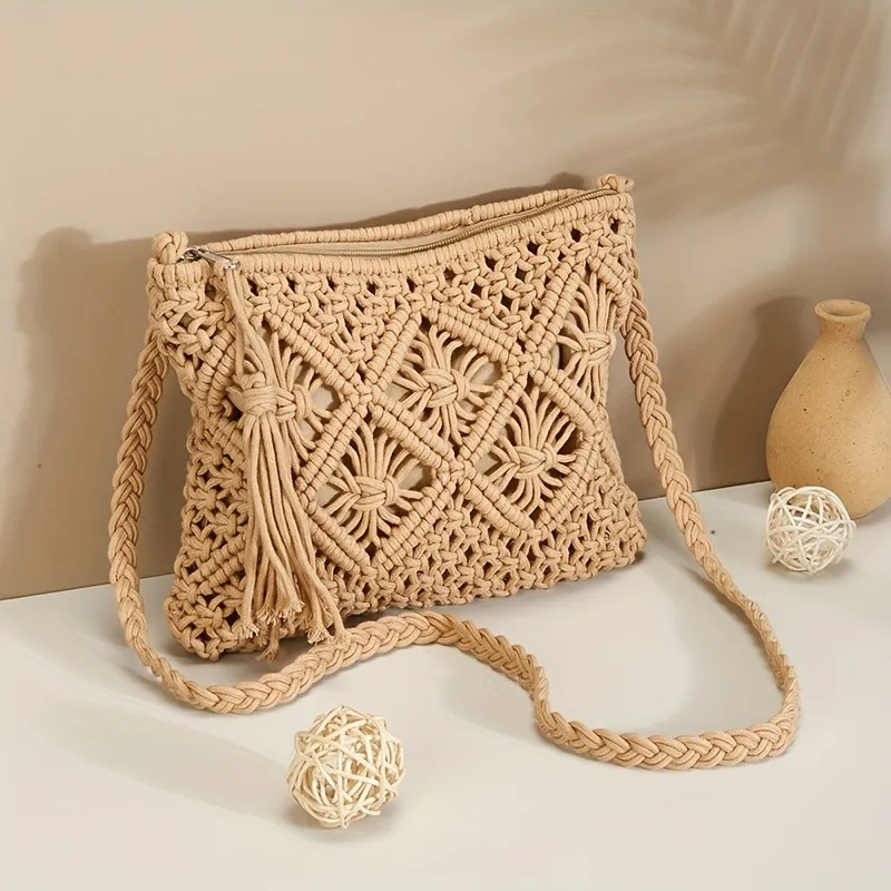 Handmade Bohemian Woven Rope Crossbody Bag with Tassel Detail, Summer Beach Clutch Shoulder Bags for Women, Geometric Design