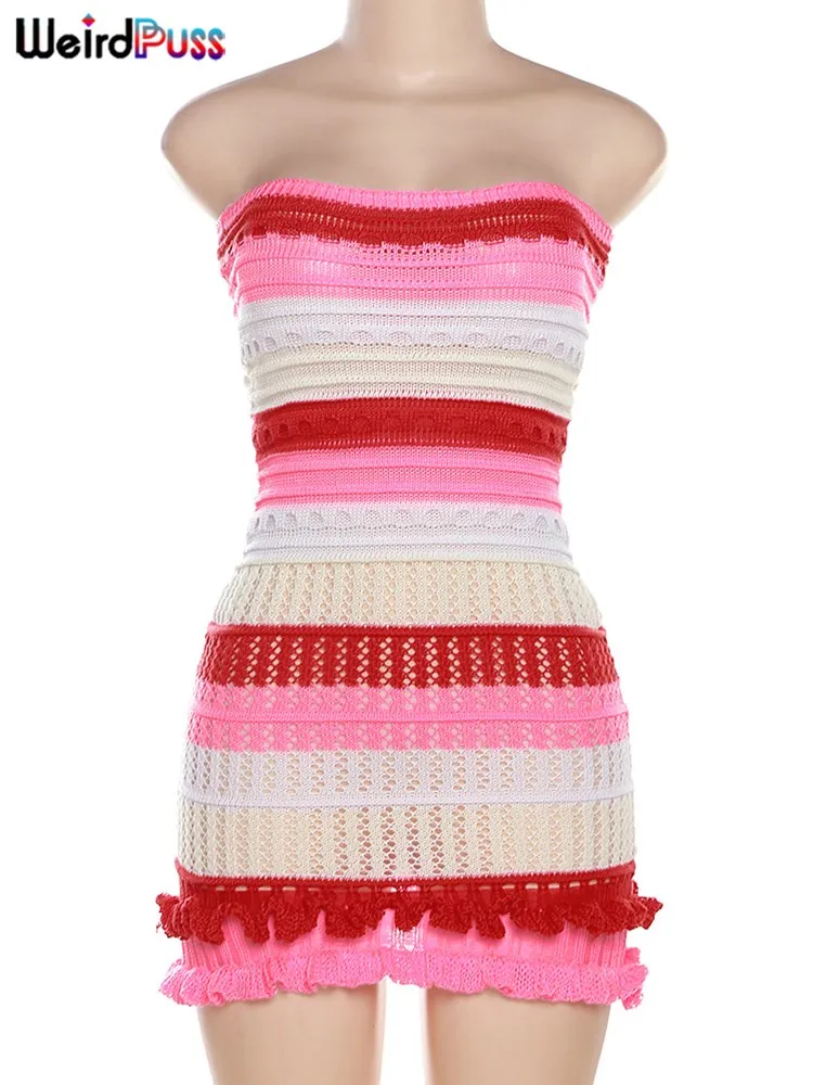 Strano Puss Knit Women Tube Dress elegante Summer Patchwork Striped Ruffles Hem Skinny Stretch Bodycon Street Vacation Clubwear