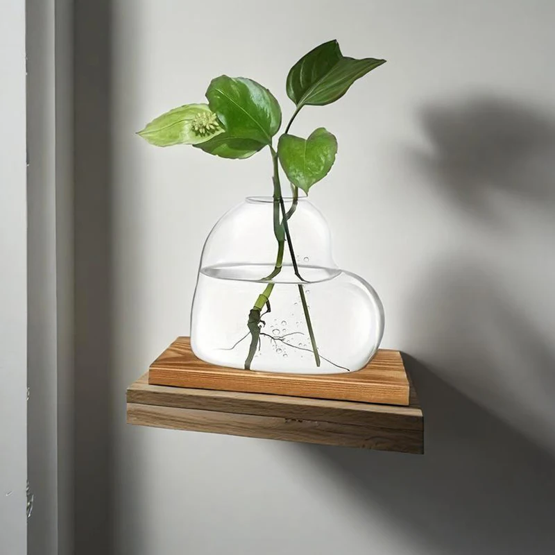 Nordic Style Glass Vase With Wooden Stand Transparent Heart Shape Flower Arrangement Vase Hydroponic Plants Container Home Decor 4
