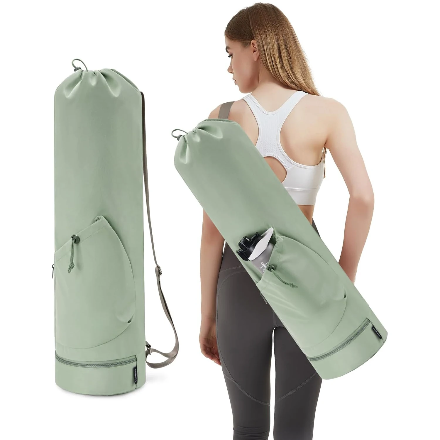 Yoga Mat Bag-Large Opening Long Tote Carrier with Waterproof Wet Pocket and Drawstring Water Bottle Pocket Adjustable Strap