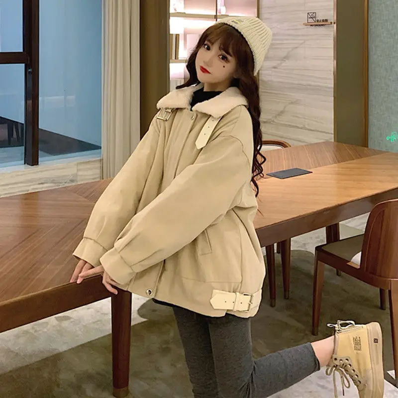 Korean Fashion Retro Jacket 2023 Winter New Cotton Dress Lamb Fleece Women's Solid Color Plush Thickened Loose Coat Trend