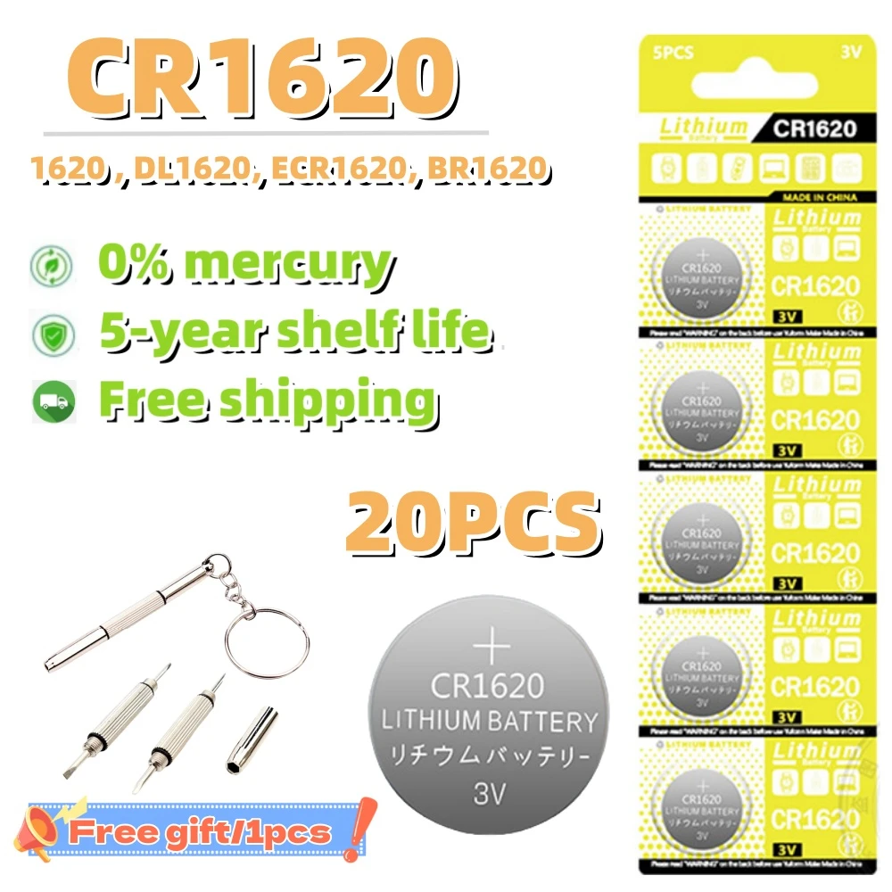 

20PCS 3V CR1620 Lithium Button Battery DL1620 BR1620 ECR1620 5009LC LM1620 CR 1620 KCR1620 30mAh Coin Cell Watch Batteries