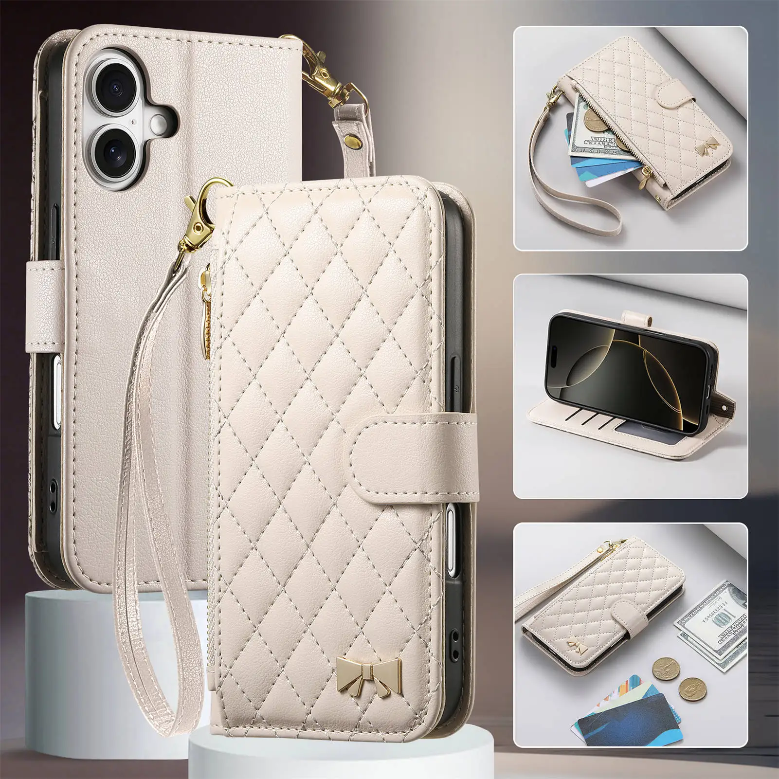 Grid Pattern Leather Flip Case with Crossbody Strap and 3 Card Slots Wallet Cover